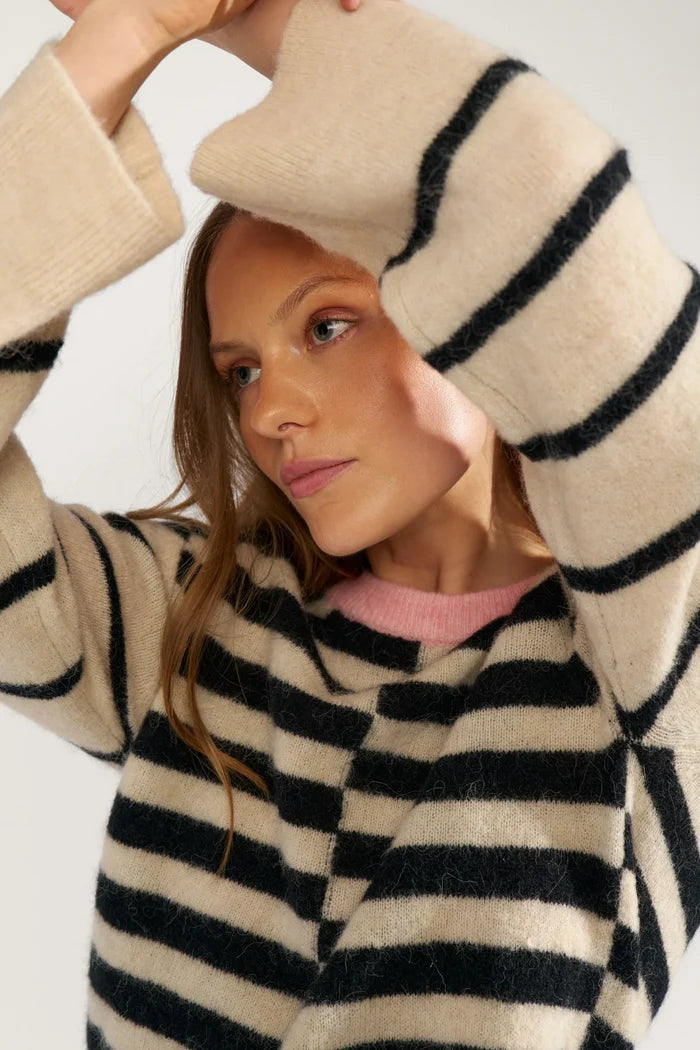Numph Nuriette Block Stripe Pullover - Caviar - Precious Sparkle