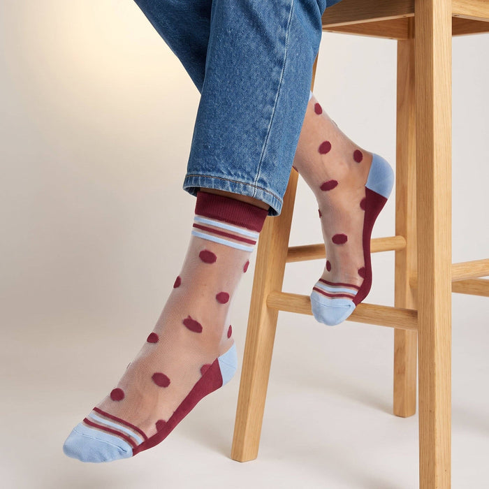 Polka Dot Stripe Sheer Socks in Red/Icy Blue - Precious Sparkle