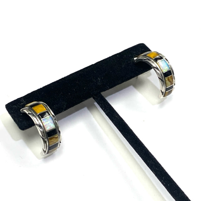 Sterling Silver hoop opal, tiggers eye and black onyx set in sterling  earrings