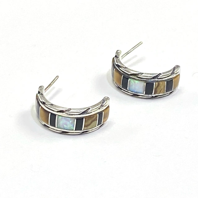 Sterling Silver hoop opal, tiggers eye and black onyx set in sterling  earrings