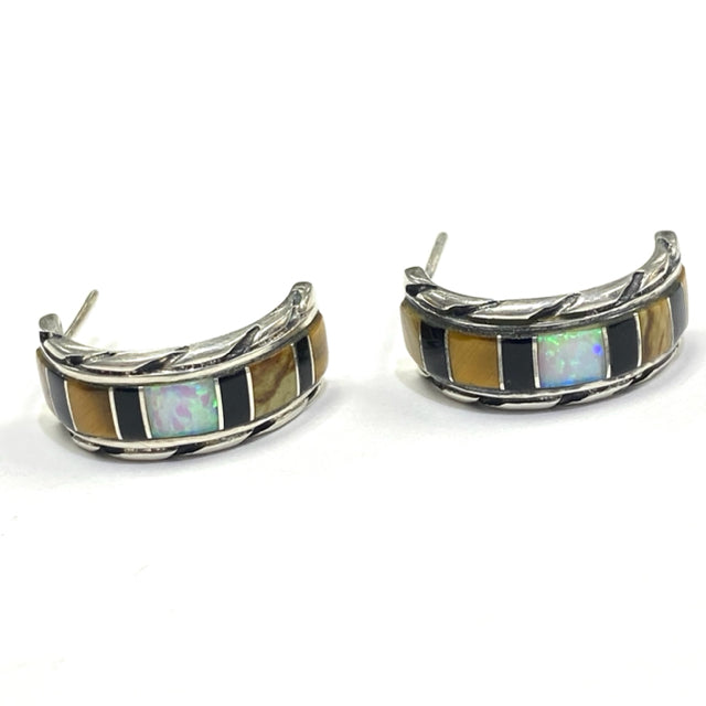 Sterling Silver hoop opal, tiggers eye and black onyx set in sterling  earrings