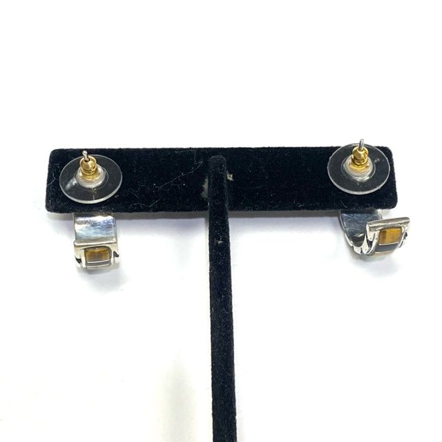 Sterling Silver hoop opal, tiggers eye and black onyx set in sterling  earrings