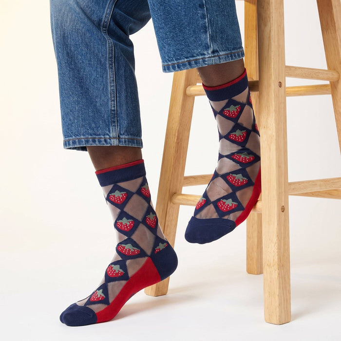 Strawberry Diamond Sheer Socks in Navy Blue/Red - Precious Sparkle