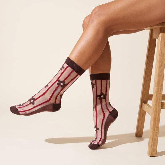 Stripe & Daisy Sheer Socks in Brown/Red - Precious Sparkle