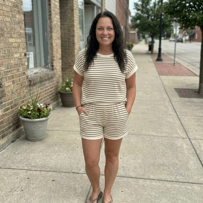 Tea-Shirt Shoppe striped short sleeve top and shorts lounge set in cream and brown. Relaxed fit.