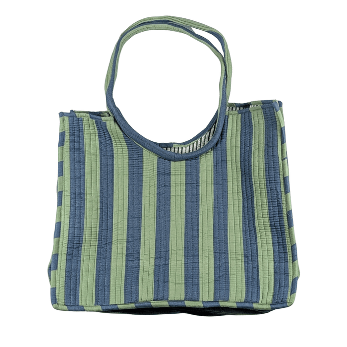 Twinflower Blue & Green Striped Round Handle Quilted Tote Bag - Precious Sparkle