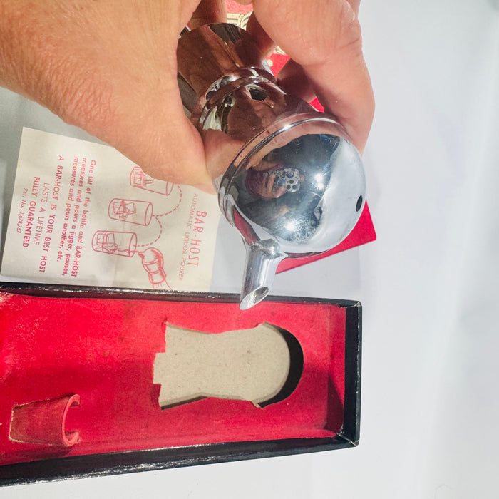 Vintage Bar-Host Automatic Liquor Pourer with Original Box Chrome Measuring Jigger Mid Century Barware