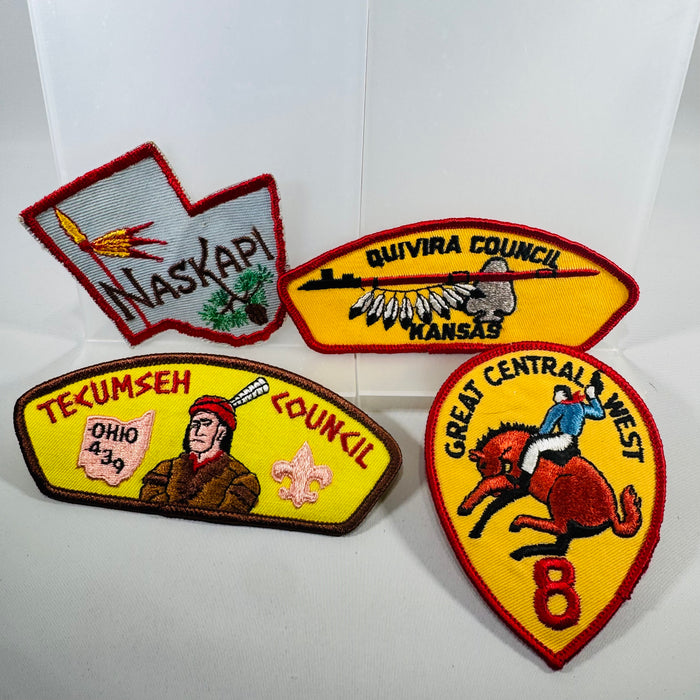 Vintage BSA Council Patch Lot (4) – Naskapi PA, Quivira Council Kansas, Tecumseh Council Ohio 439, Great Central West Region 8