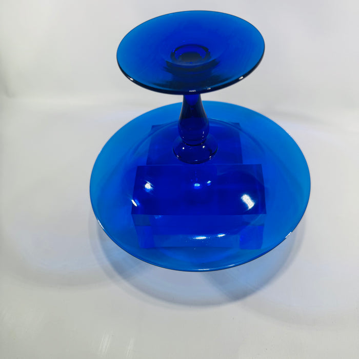 Vintage Cobalt Blue Glass Pedestal Tazza Bowl Empoli Style Italian Art Glass Centerpiece