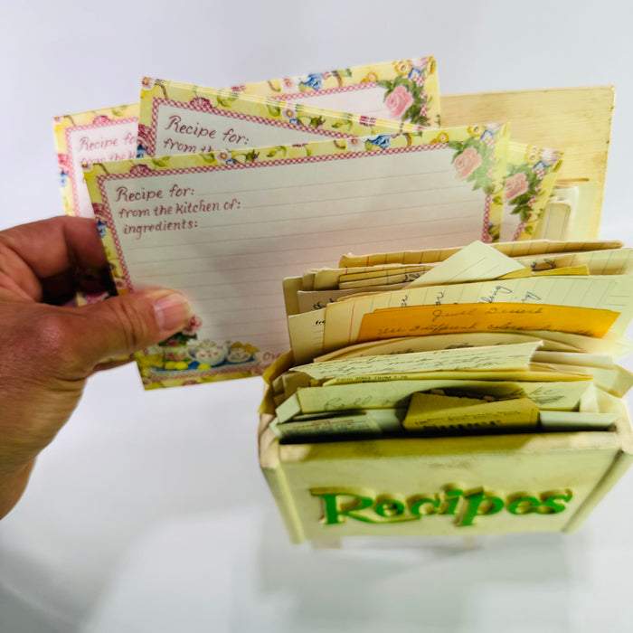 Vintage FTD Recipe Box Filled with Handwritten Family Recipes, Faux Wood Resin Floral Recipe Card Holder, 1980s Kitchen Ephemera