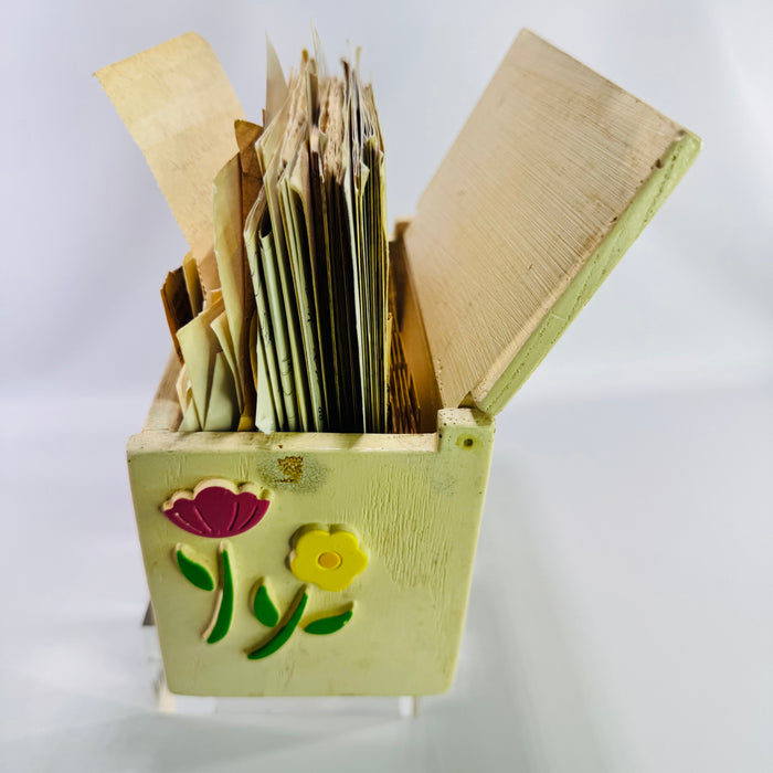 Vintage FTD Recipe Box Filled with Handwritten Family Recipes, Faux Wood Resin Floral Recipe Card Holder, 1980s Kitchen Ephemera