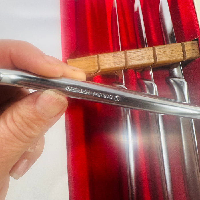 Vintage Gerber Miming Steak Knife Set of 4 Mid Century Cutlery with Original Box and Wood Insert