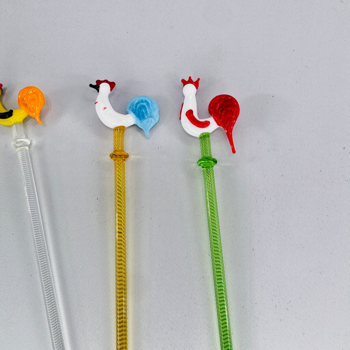 Vintage Glass Rooster Swizzle Sticks Bundle Murano Style Cocktail Stirrers Set of 5
