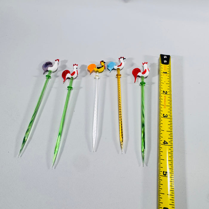 Vintage Glass Rooster Swizzle Sticks Bundle Murano Style Cocktail Stirrers Set of 5