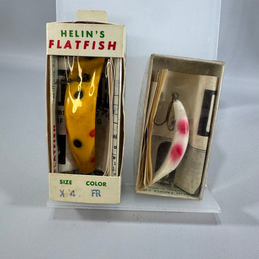 Vintage Helin's Flatfish Fishing Lure Set of 2 with Original Boxes — Helin Tackle Co. Detroit Michigan, Yellow Frog X4 and White Pink Spot