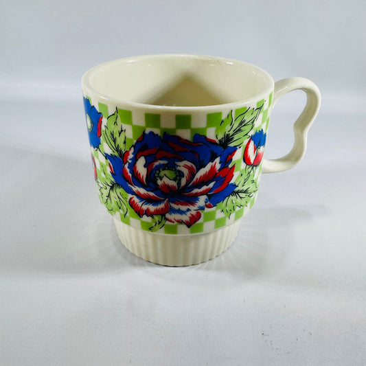 Vintage Japan Stackable Coffee Mug — Bold Blue Red Peony Floral on Green Checker, Ribbed Base, Mid-Century Export Ceramic