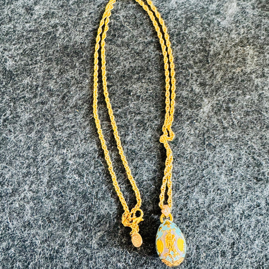 Vintage Joan Rivers Fabergé Egg Necklace 30” Gold Tone Rope Chain Pastel Enamel Cherub Pendant Rhinestone Bail