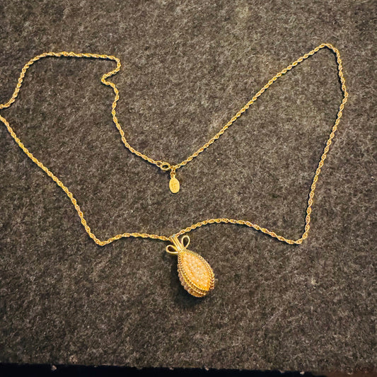 Vintage Joan Rivers Faux Pearl Egg Pendant Necklace – Gold Tone Faberge Inspired, Signed Hangtag (27”)