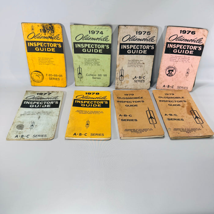 Vintage Oldsmobile Inspector’s Guide Lot (1973–1979) — 8 Pocket Manuals, Codes & Specs (Cutlass / 88 / 98 / F-85 / A-B-C)