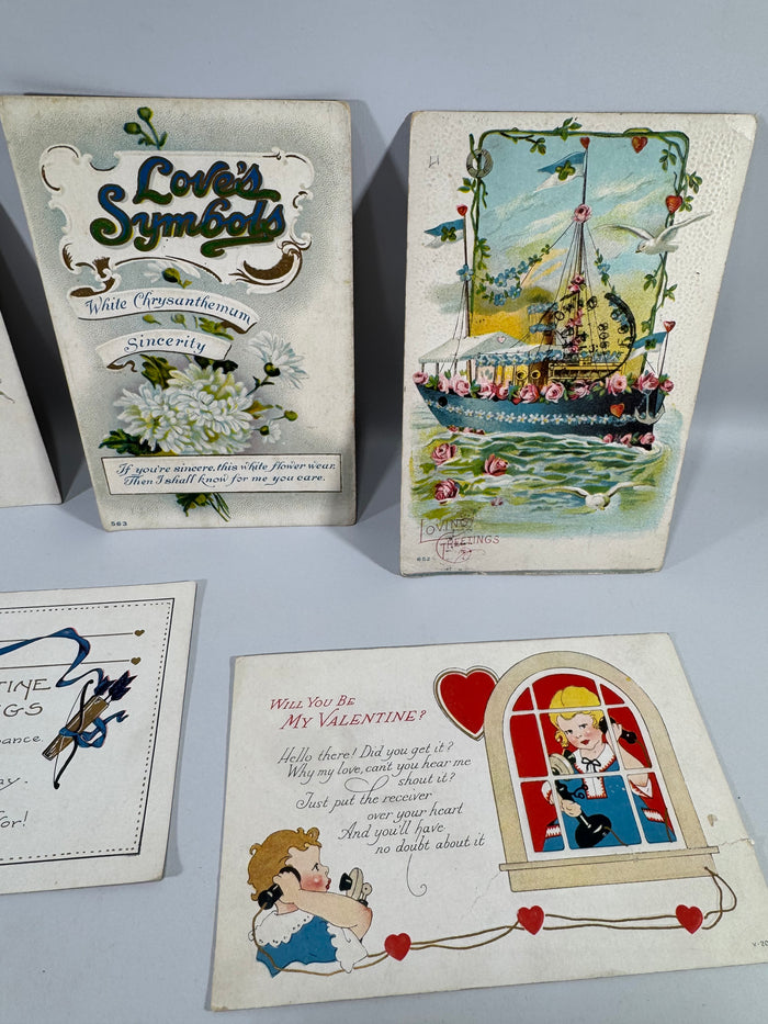 Vintage Valentine Postcards Lot of 6 | Antique Edwardian Valentine Postcard Set | Romantic Couple Cupid Heart Flowers 1900s–1920s