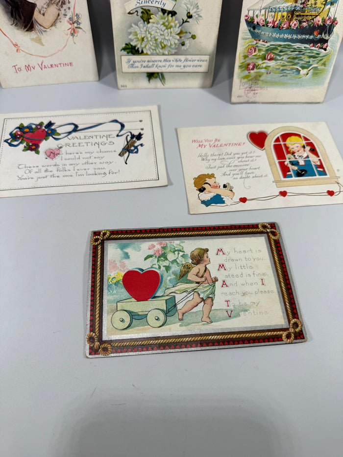 Vintage Valentine Postcards Lot of 6 | Antique Edwardian Valentine Postcard Set | Romantic Couple Cupid Heart Flowers 1900s–1920s