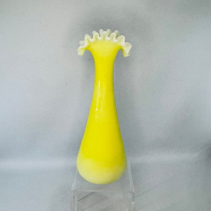 Vintage Yellow Cased Glass Ruffle Vase | White Rim Art Glass Bud Vase