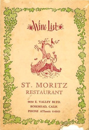 (Wine List) St. Moritz Restaurant. Rosemead, CA. [ca. 1950's].