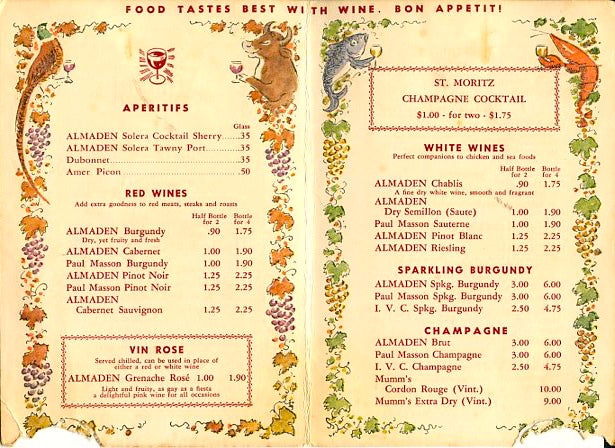 (Wine List) St. Moritz Restaurant. Rosemead, CA. [ca. 1950's].
