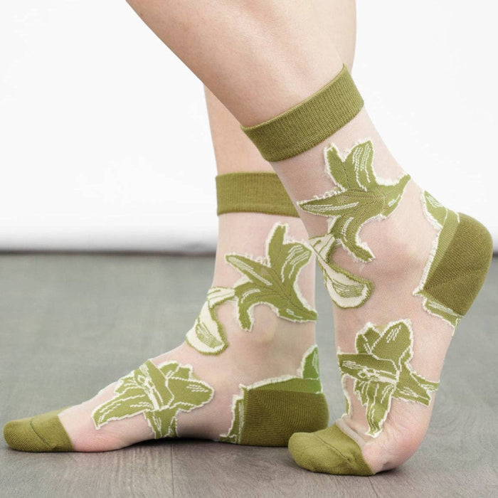 Women's Sheer Ankle Socks Green Floral - Precious Sparkle
