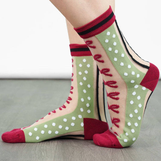 Women's Sheer Ankle Socks Green/Red Stripe & Bow - Precious Sparkle