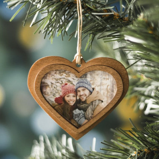 Wood Heart Photo Ornament on Christmas Tree